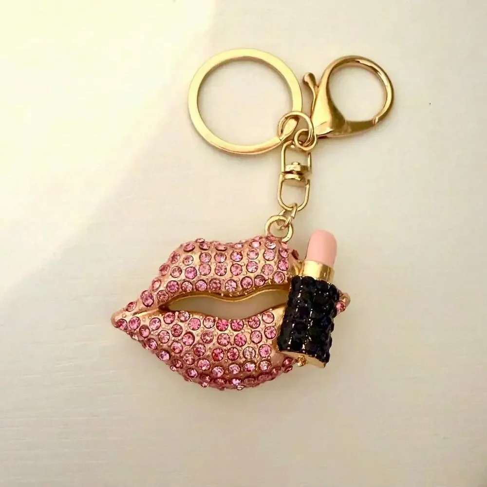 Pink Rhinestone Lips Lipstick Keychain Bag Charm Purse Charm